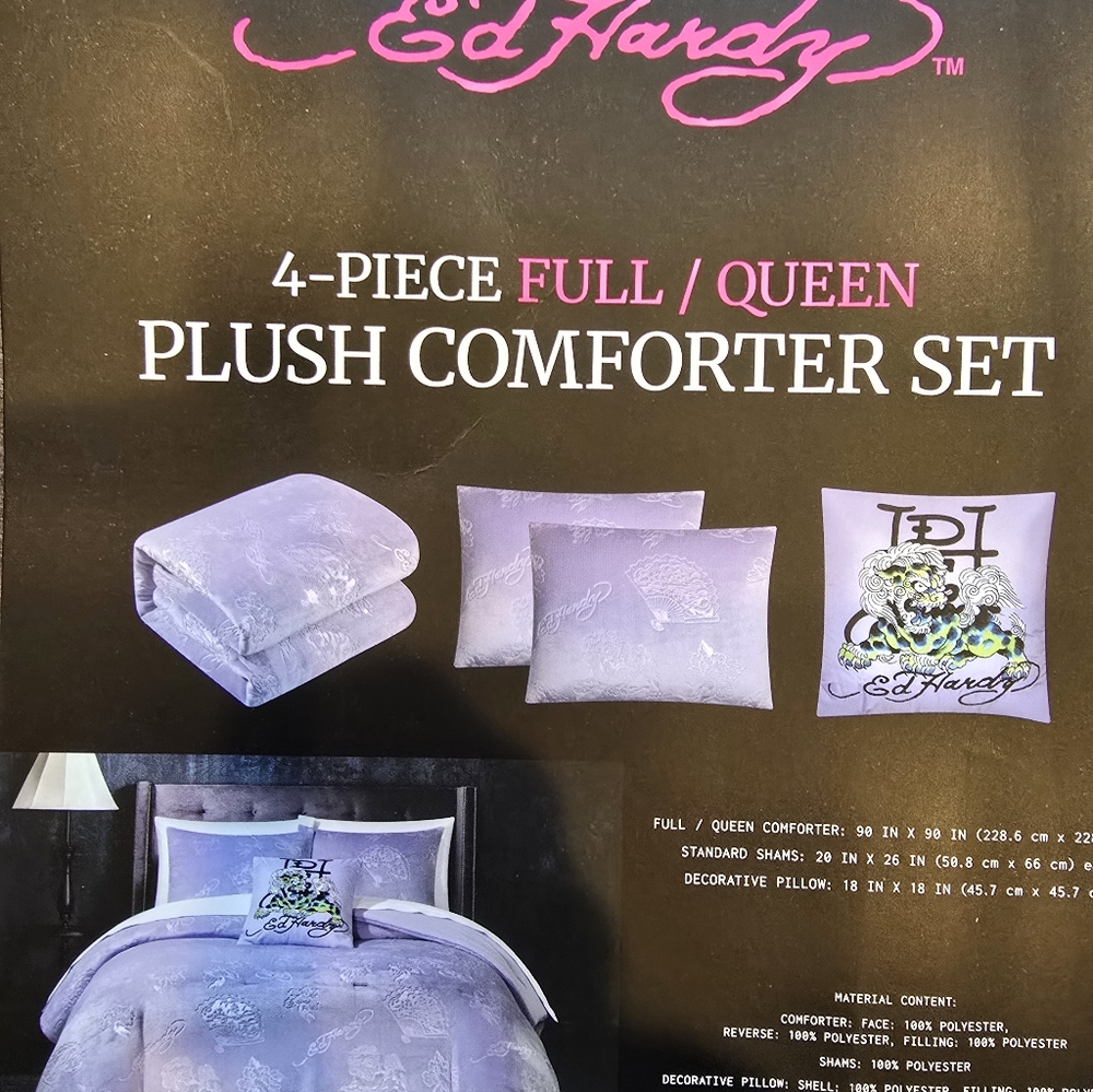 Ed Hardy 4 piece full/queen Lilac luxurious plush comforter set new - Picture 7 of 9